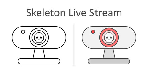 Skeleton Live Stream — webcam icon with a cartoon skull face, spooky Halloween streaming symbol.