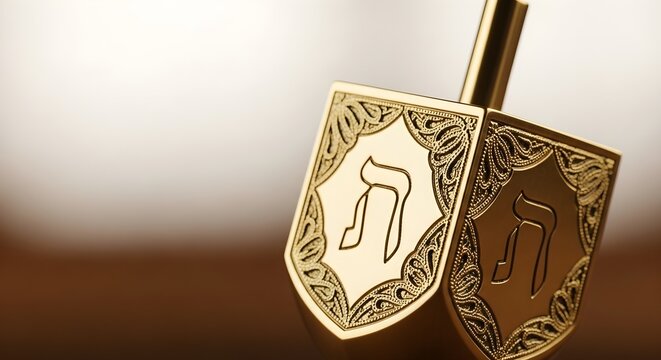 Close-up of a gleaming golden dreidel with Hebrew letters, symbolizing Hanukkah traditions and festive celebrations.