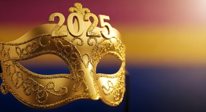 Close-up of a luxurious golden masquerade mask prominently featuring the year 2025, symbolizing future celebrations, New Year's Eve parties, and elegant festive events.