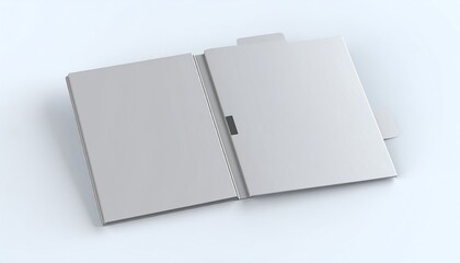 A slightly opened, light gray folder sits on a pale blue background