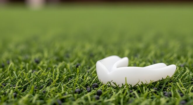 A white mouthguard rests on a green artificial turf field, signifying sports, safety, and the potential for athleticism and dental protection. - Powered by Adobe