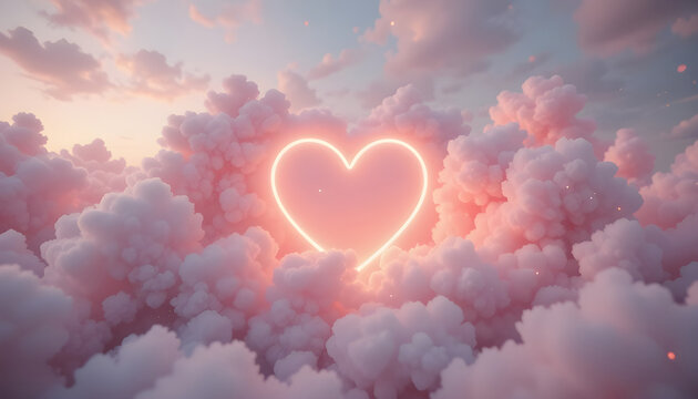 A heart-shaped neon sign floats among fluffy pink clouds at sunset.A captivating image of a glowing neon heart silhouette against a backdrop of voluminous, pastel pink clouds.