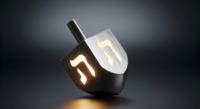 Spinning dreidel with Hebrew letters glowing warm light on a dark reflective surface