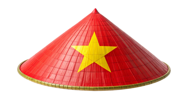 A Vietnamese conical hat painted with the flag of Vietnam on a transparent background for national day celebration