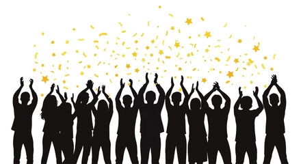 Diverse Crowd Silhouettes Celebrating with Golden Confetti and Stars