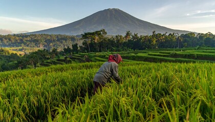 Lush rice paddy fields meet a majestic volcano