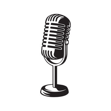 recommend clip art: Vintage microphone vector icon. Retro studio mic silhouette for radio, podcast, and music recording. Classic broadcast equipment symbol isolated on white background.
                    