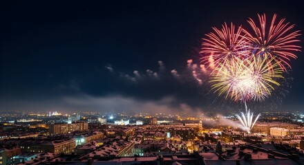 Fototapeta premium Spectacular fireworks illuminate the night sky above a snow-covered cityscape, creating a festive atmosphere for a celebration or event.