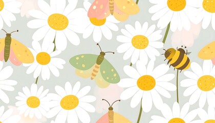 Daisies, moths, and a bee in a repeating pattern