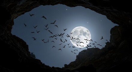 A spectacular view from inside a dark cave as a large colony of bats takes flight against the backdrop of a radiant full moon in the night sky.