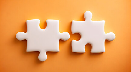 two white puzzle pieces aligned on soft pastel orange surface in close perspective symbolizing cooperation teamwork and creative problem solving for business strategy and educational concept imagery