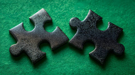 Fototapeta premium two black puzzle pieces placed on vibrant green background in close perspective view symbolizing collaboration teamwork and creative problem solving for corporate strategy