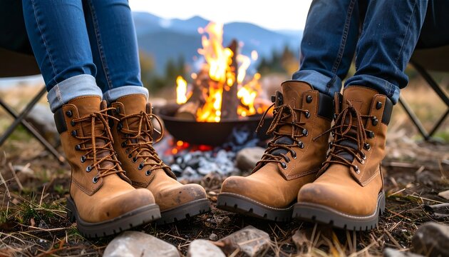 Cozy campout: Warm boots and blazing fire in the heart of rugged natural mountain escapade
