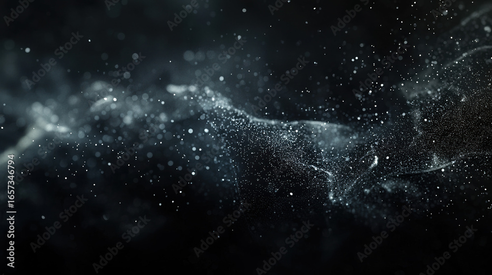 Wall mural a dark black background with particles or elements randomly drifting in space.