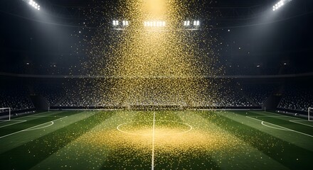 Golden confetti falling on a professional soccer stadium field at night, celebrating a win and creating a dynamic atmosphere, perfect for sports and entertainment concepts.