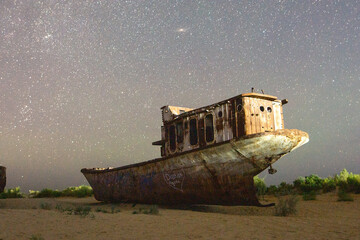 Abandoned Aral Sea Boat Under the Stars