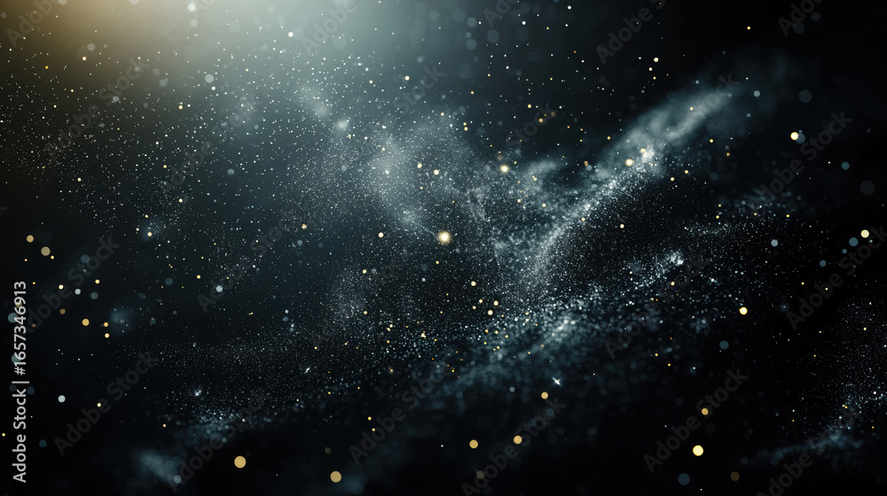 Wall mural a dark black background with particles or elements randomly drifting in space.