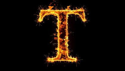 Fiery letter T, burning, bright orange flames against black