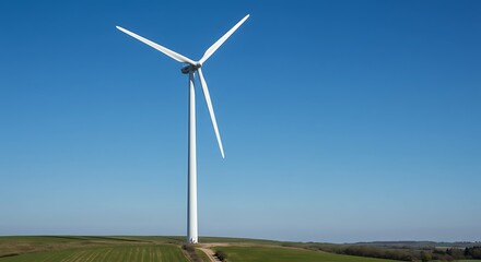 A solitary wind turbine standing tall in a green field under a clear blue sky, symbolizing clean and renewable energy production.