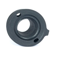 Dark gray cylindrical part with concentric rings, two holes, and a tab