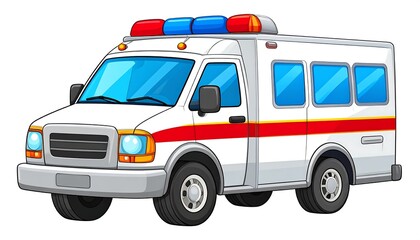 Cartoon illustration of a white ambulance with red and blue lights