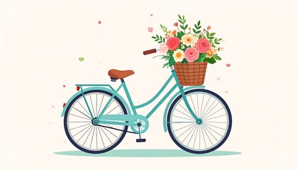 A teal bicycle with a wicker basket overflowing with pink, peach, and white roses and greenery sits on a white background