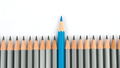 One tall blue pencil standing out among gray pencils, symbolizing uniqueness.