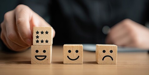 Hand placing five-star block atop happy and sad faces