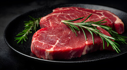 raw beef steaks with marbled texture arranged on black plate beside fresh rosemary sprigs against dark background in studio lighting for gourmet cooking ingredient premium culinary food photography