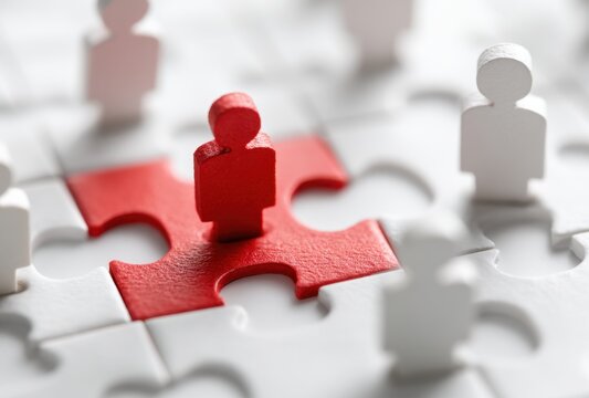 Close-up of a red puzzle piece connected to white puzzle pieces on a light , symbolizing teamwork and problem-solving