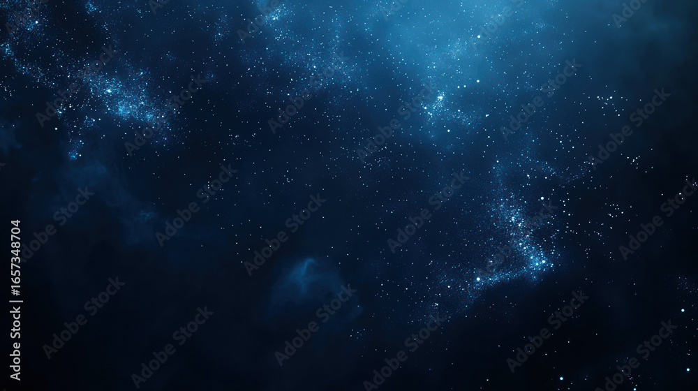 Wall mural a dark blue background with particles or elements randomly drifting in space.