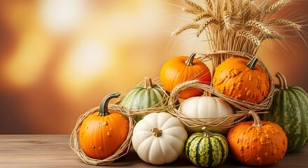 Festive autumn still life featuring a variety of colorful pumpkins and gourds arranged in baskets, complemented by wheat stalks against a warm, blurred background creating a harvest season ambiance.