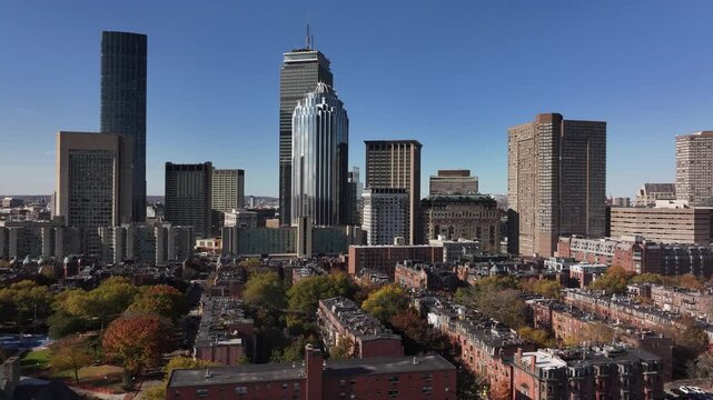Boston, Massachusetts city skyline aerial drone shot prudential center