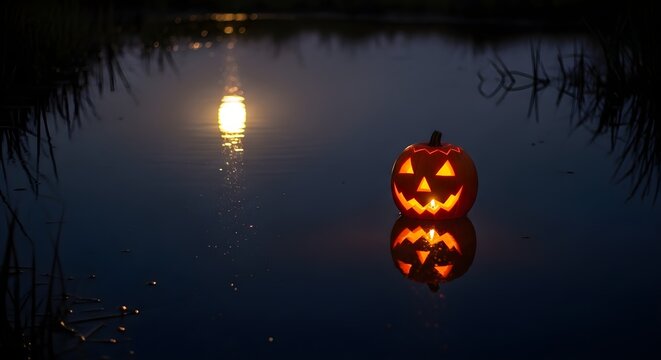 Pumpkin lantern floating on small pond at high quality stock illustration for commercial use