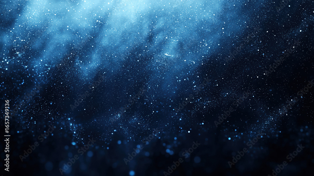 Wall mural a dark blue background with particles or elements randomly drifting in space.