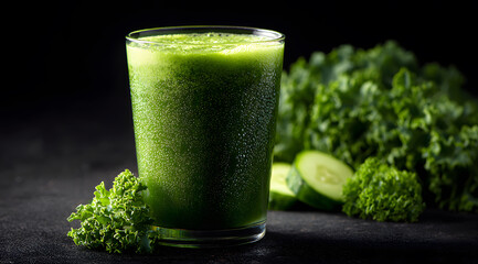 green smoothie glass with sparkling juice, cucumber, kale and apple on dark background, healthy jade drink concept for clean eating, fresh fruits and vegetables, nutrition and wellness lifestyle