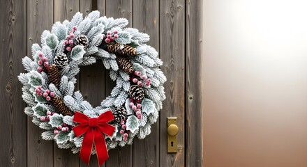 A beautiful frosted Christmas wreath adorned with red berries and pinecones hangs on a rustic wooden door, perfect for holiday greetings.