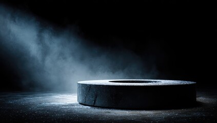 Dark, moody scene with a circular stone platform, illuminated by a dramatic light beam and ethereal smoke