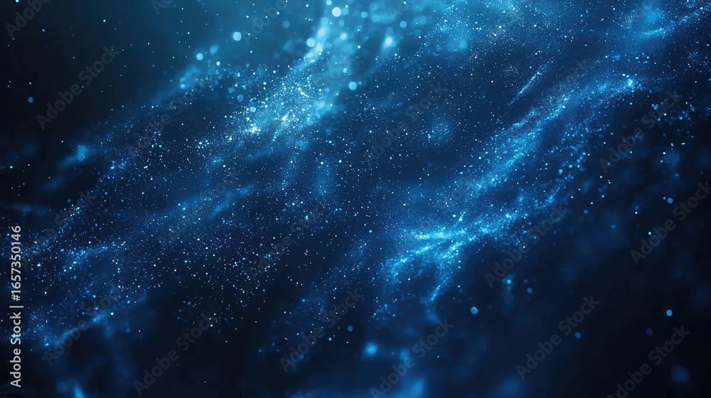 Wall mural a dark blue background with particles or elements randomly drifting in space.