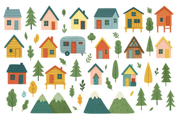 Paper Cut Style Tiny Houses Trees Mountains Flat Design Hand Drawn Trendy Vector Set All Elements Isolated on White Background