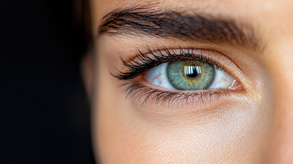 Naklejka premium Close up of captivating green eye with long eyelashes and detailed iris texture, showcasing