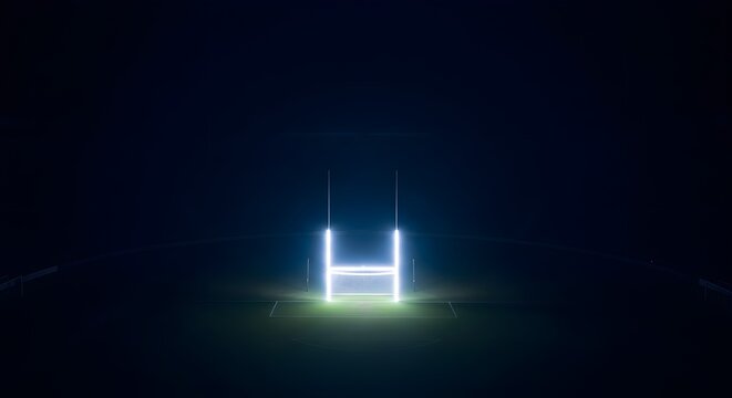 Futuristic glowing H-shaped goalposts on a dark sports field, illuminated by neon blue and green light.