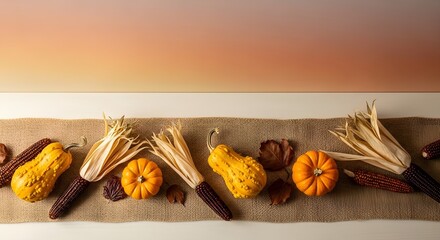 Overhead shot of a rustic Thanksgiving table decoration featuring gourds, pumpkins, Indian corn, and fall leaves arranged on a burlap runner against a warm gradient background.