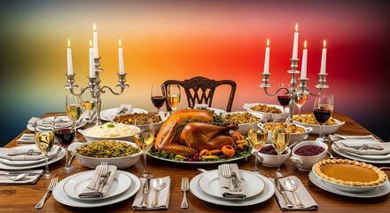 Elegant Thanksgiving dinner table setting with a roasted turkey, side dishes, pies, and candelabra, ready for celebration.