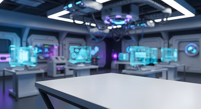 An empty white table in the foreground of a futuristic high-tech laboratory with glowing holographic computer screens. - Powered by Adobe