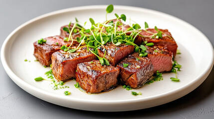 Succulent wagyu beef cubes garnished with fresh microgreens stylish plate, showcasing fine
