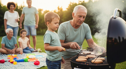 Authentic Lifestyle Family Gathered Around Barbecue Grill Enjoying Summer Outdoors