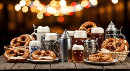 Naklejka premium Abundant German pretzels and beer steins on a rustic wooden table, decorated with bokeh lights.