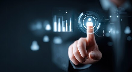 Person interacting with a futuristic interface displaying data analysis and a profile icon