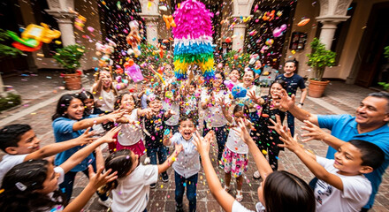 Naklejka premium Joyful Group of People Celebrating and Smashing a Colorful Pinata Outdoors